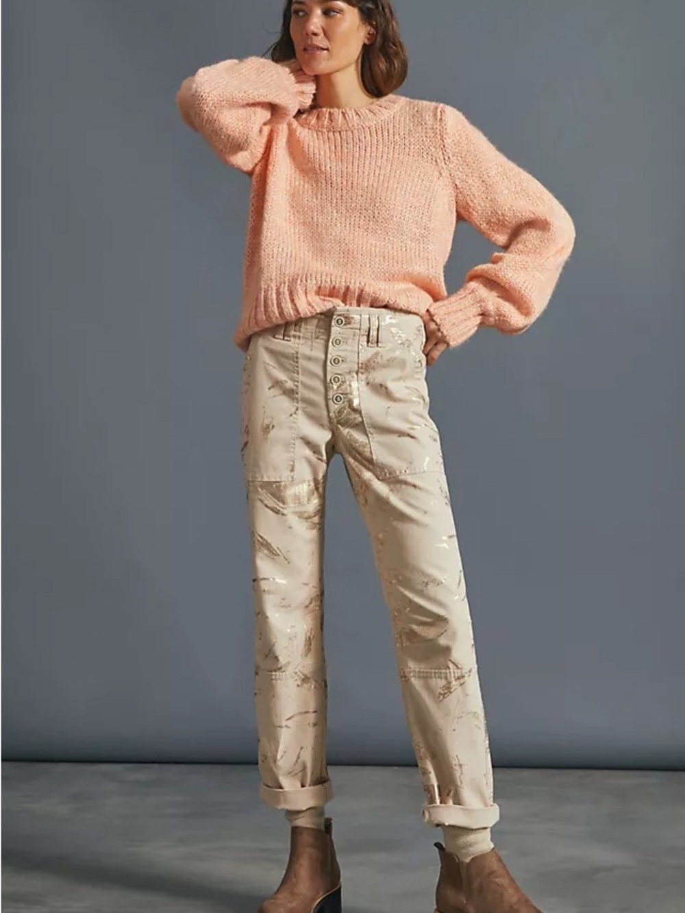Anthropologie Beige Paint-Splatter Straight-Leg Pants